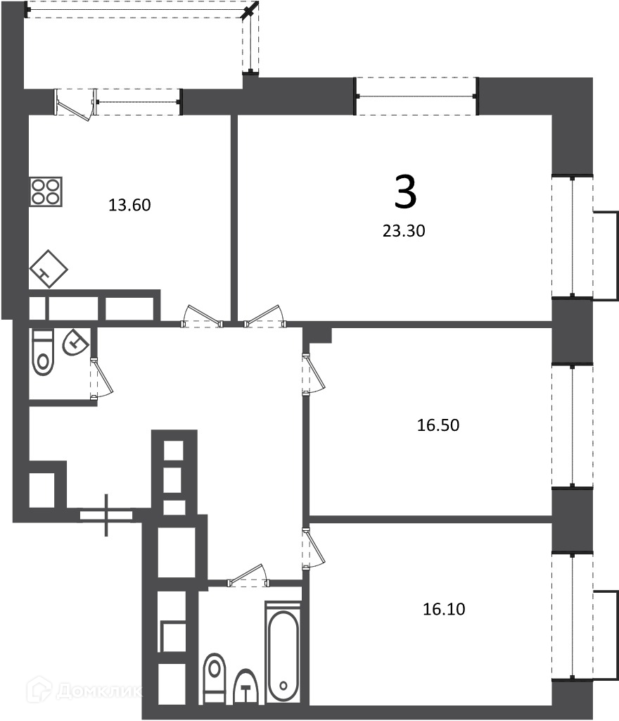 Планировка 3-комн. в ЖК «Клинская ул., д. 2А (Московские кварталы)»