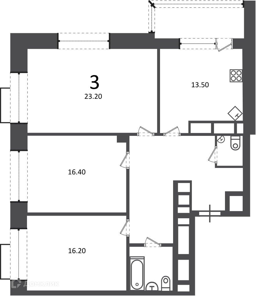 Планировка 3-комн. в ЖК «Клинская ул., д. 2А (Московские кварталы)»