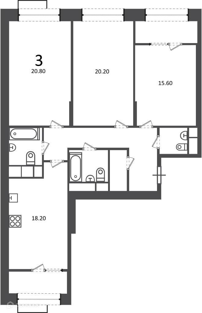 Планировка 3-комн. в ЖК «Клинская ул., д. 2А (Московские кварталы)»