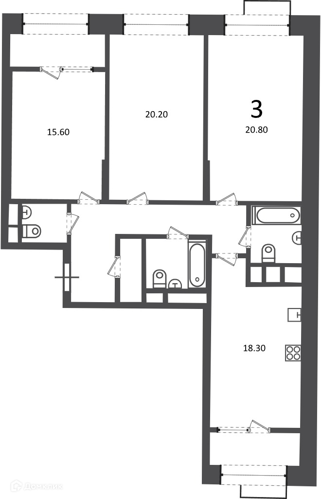 Планировка 3-комн. в ЖК «Клинская ул., д. 2А (Московские кварталы)»