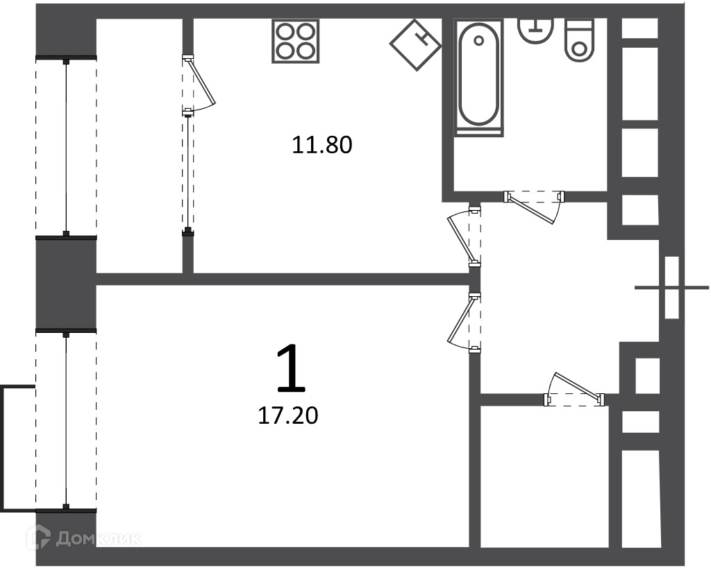 Планировка 1-комн. в ЖК «Клинская ул., д. 2А (Московские кварталы)»