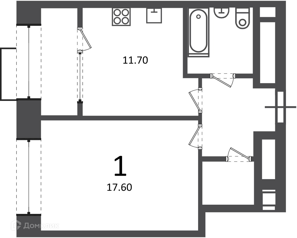 Планировка 1-комн. в ЖК «Клинская ул., д. 2А (Московские кварталы)»