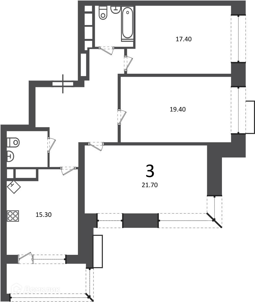 Планировка 3-комн. в ЖК «Клинская ул., д. 2А (Московские кварталы)»