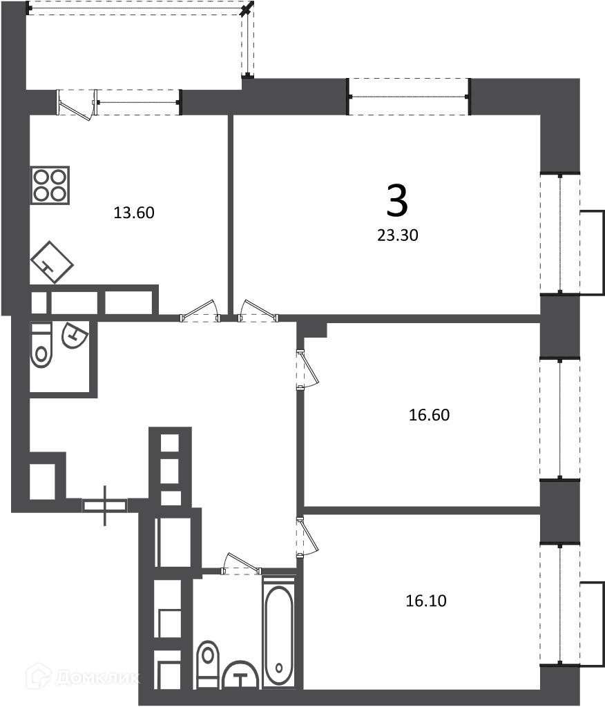 Планировка 3-комн. в ЖК «Клинская ул., д. 2А (Московские кварталы)»