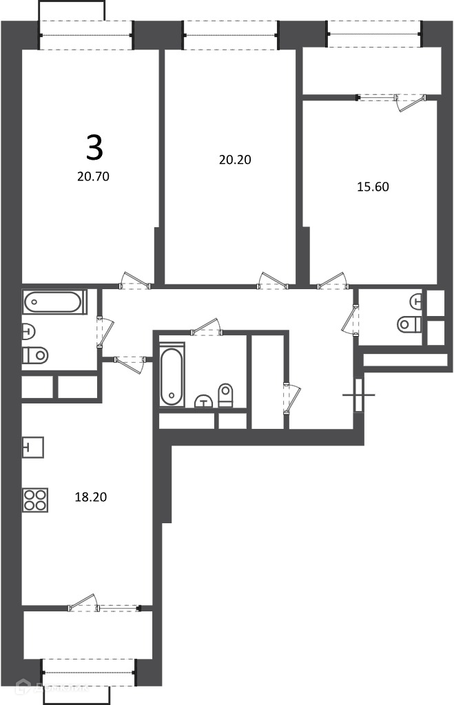 Планировка 3-комн. в ЖК «Клинская ул., д. 2А (Московские кварталы)»