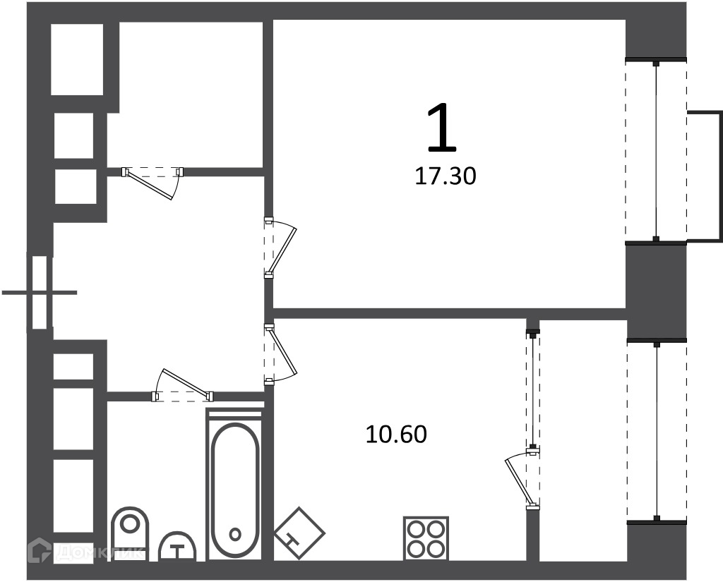 Планировка 1-комн. в ЖК «Клинская ул., д. 2А (Московские кварталы)»