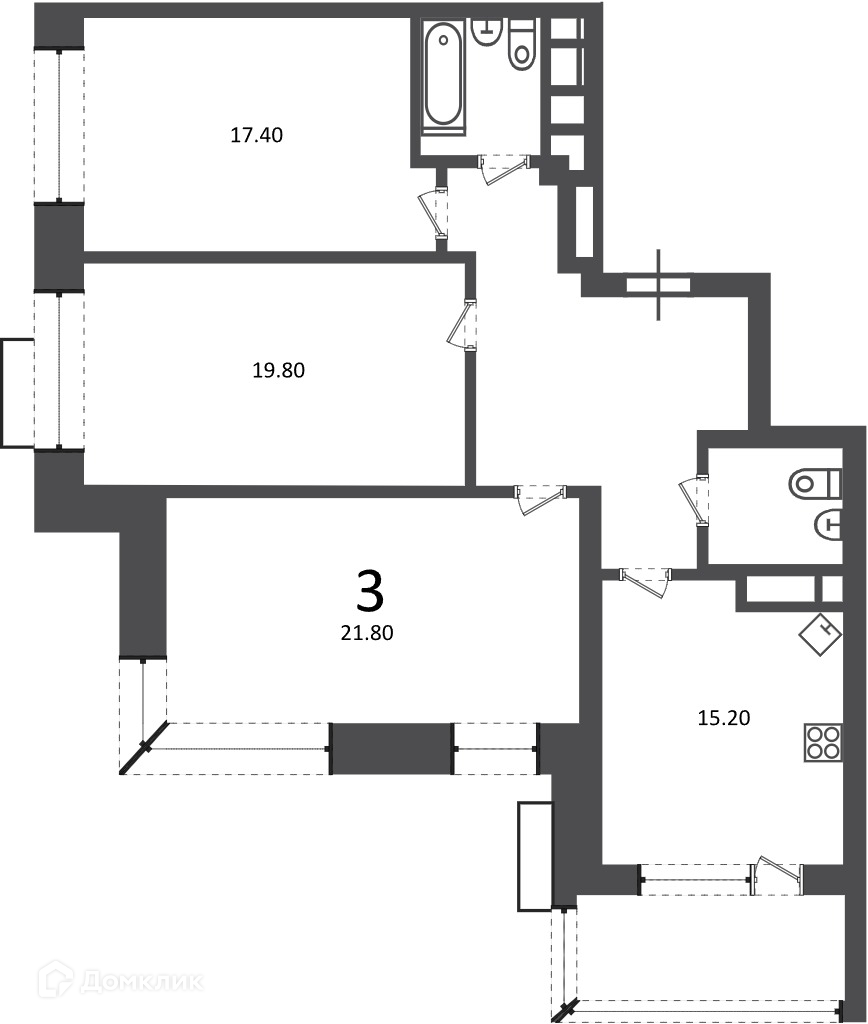 Планировка 3-комн. в ЖК «Клинская ул., д. 2А (Московские кварталы)»