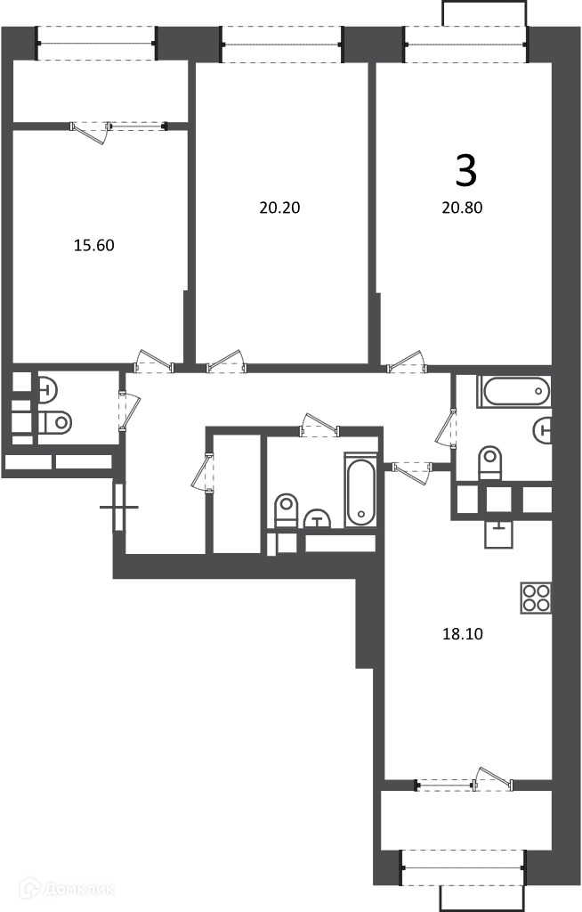 Планировка 3-комн. в ЖК «Клинская ул., д. 2А (Московские кварталы)»