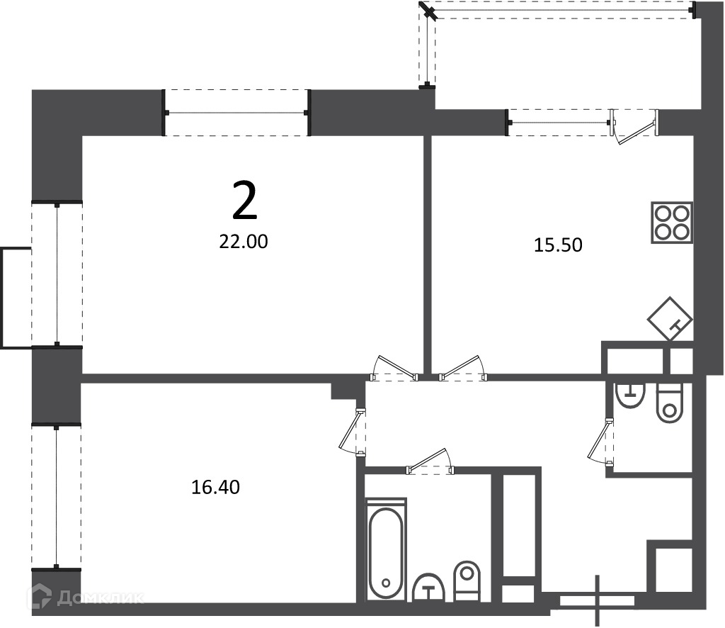 Планировка 2-комн. в ЖК «Клинская ул., д. 2А (Московские кварталы)»