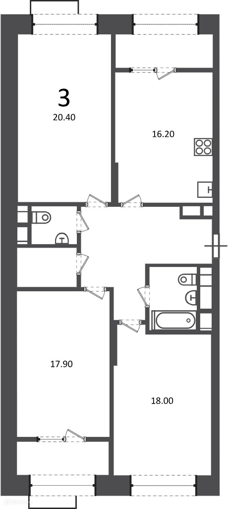 Планировка 3-комн. в ЖК «Клинская ул., д. 2А (Московские кварталы)»