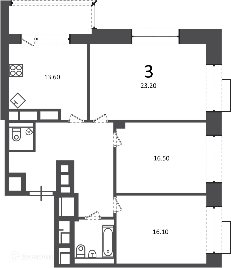 Планировка 3-комн. в ЖК «Клинская ул., д. 2А (Московские кварталы)»