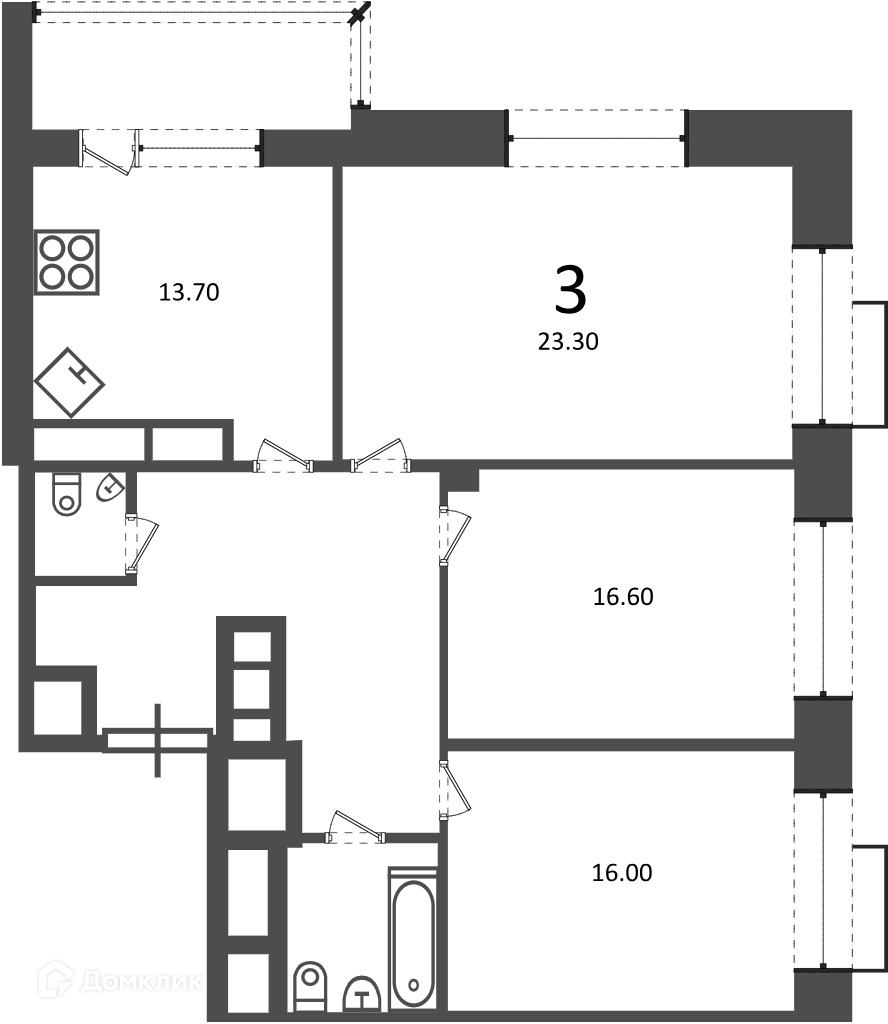 Планировка 3-комн. в ЖК «Клинская ул., д. 2А (Московские кварталы)»