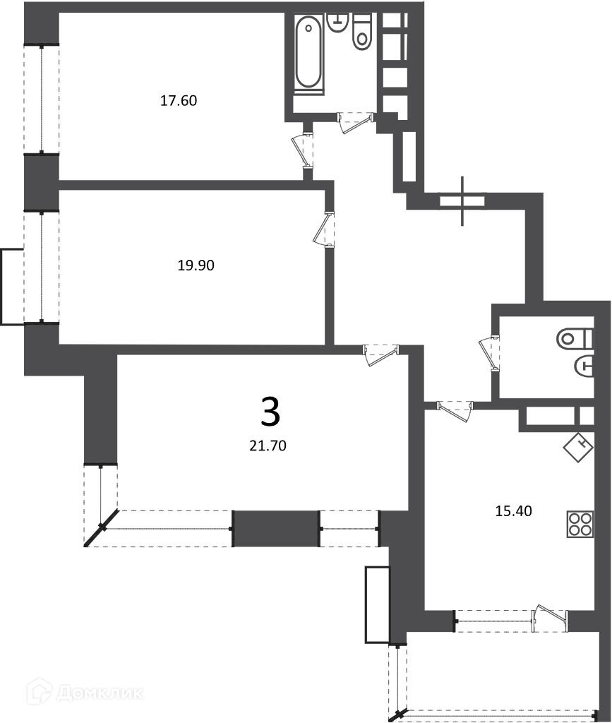 Планировка 3-комн. в ЖК «Клинская ул., д. 2А (Московские кварталы)»