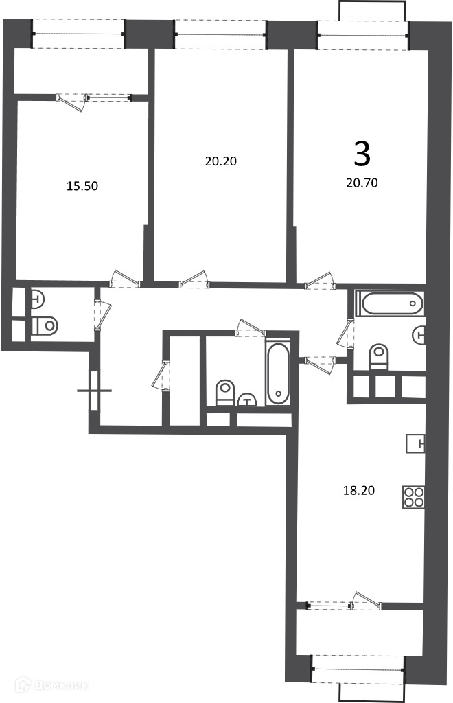 Планировка 3-комн. в ЖК «Клинская ул., д. 2А (Московские кварталы)»