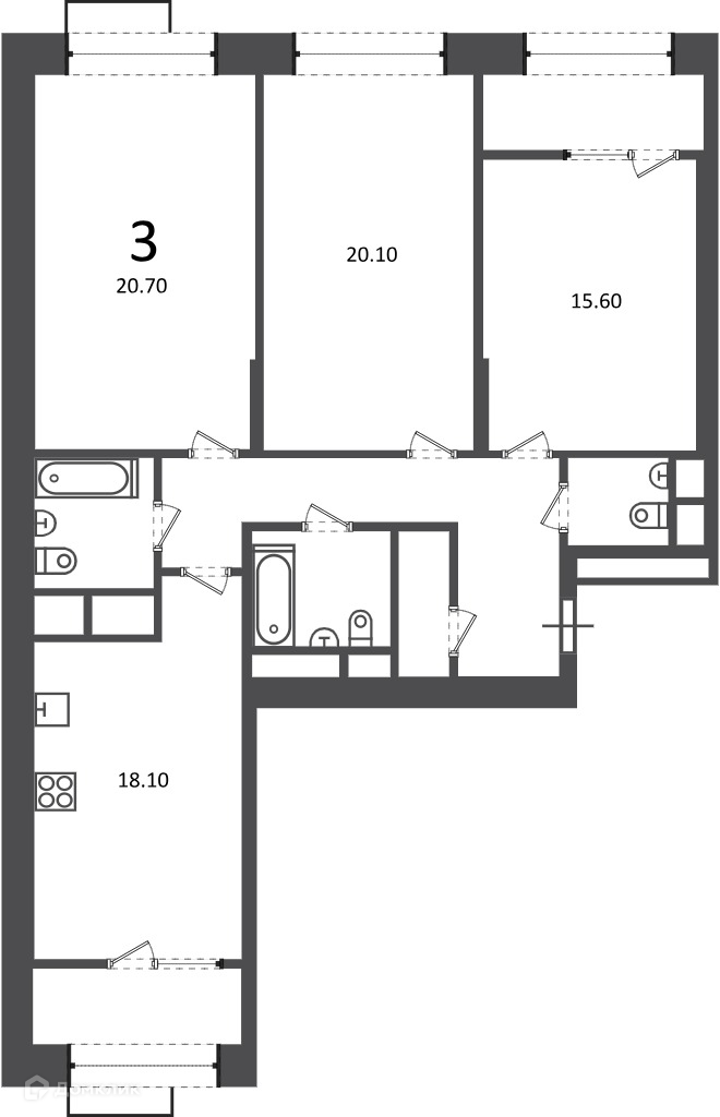 Планировка 3-комн. в ЖК «Клинская ул., д. 2А (Московские кварталы)»