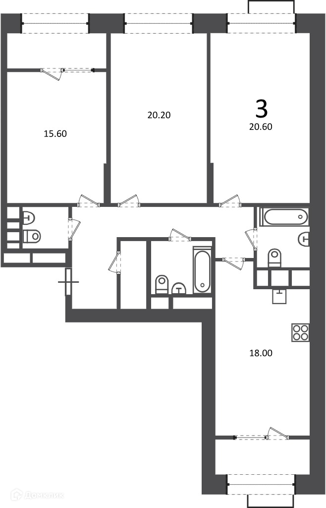 Планировка 3-комн. в ЖК «Клинская ул., д. 2А (Московские кварталы)»