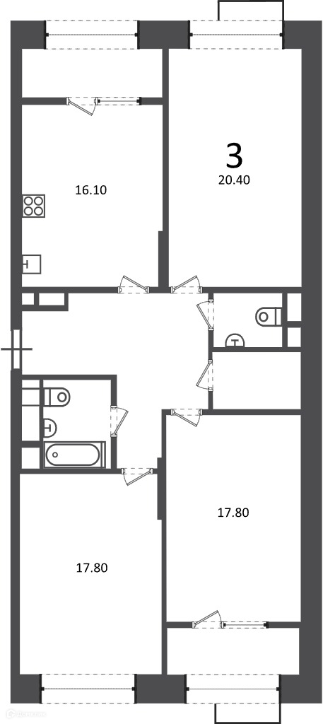 Планировка 3-комн. в ЖК «Клинская ул., д. 2А (Московские кварталы)»
