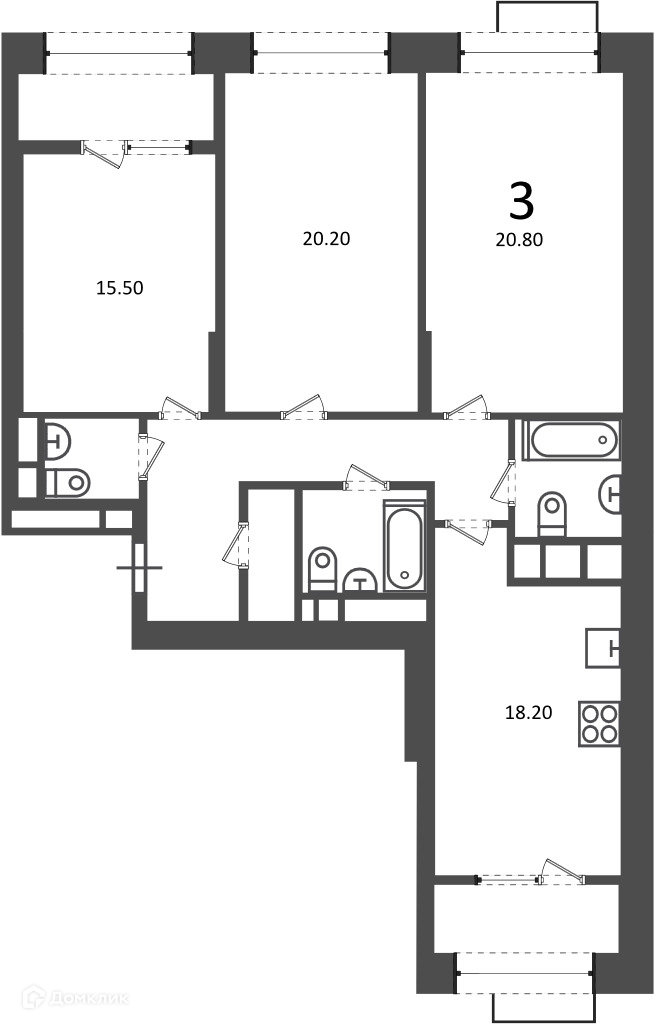 Планировка 3-комн. в ЖК «Клинская ул., д. 2А (Московские кварталы)»