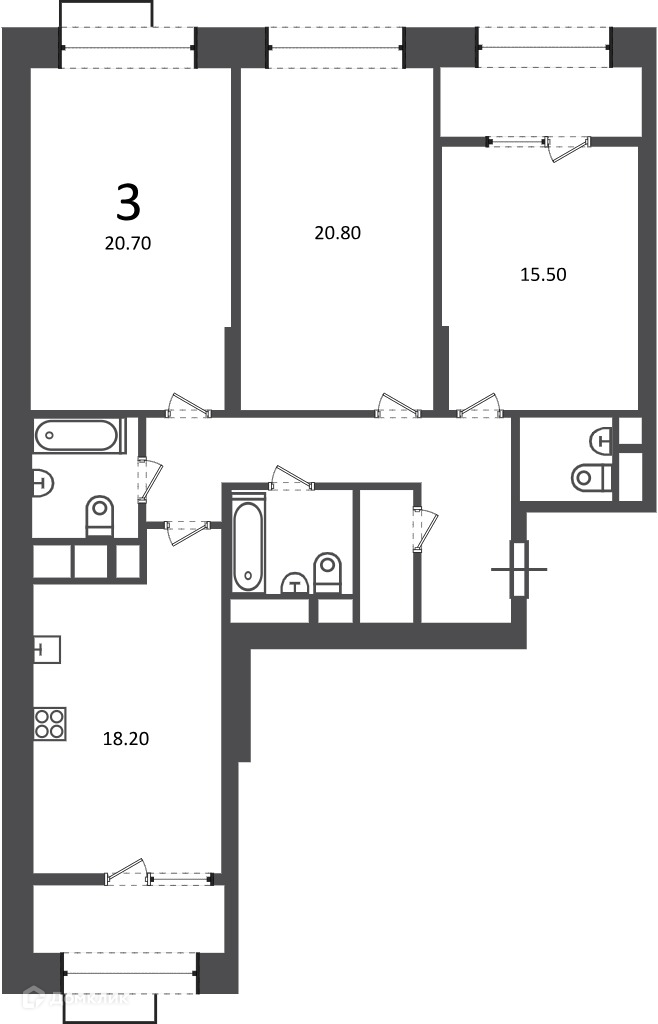 Планировка 3-комн. в ЖК «Клинская ул., д. 2А (Московские кварталы)»