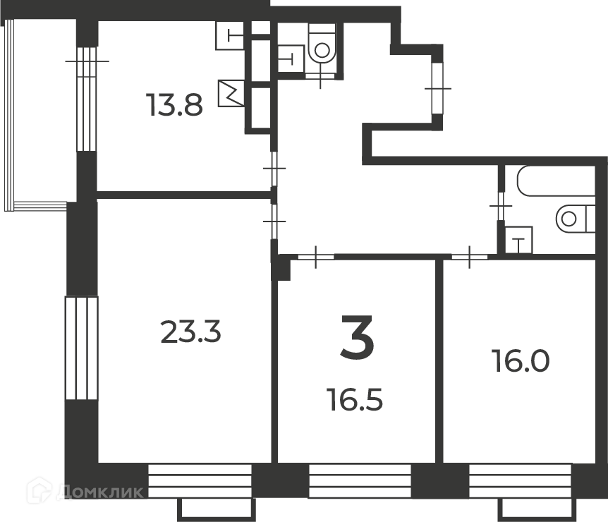 Планировка 3-комн. в ЖК «Клинская ул., д. 2А (Московские кварталы)»