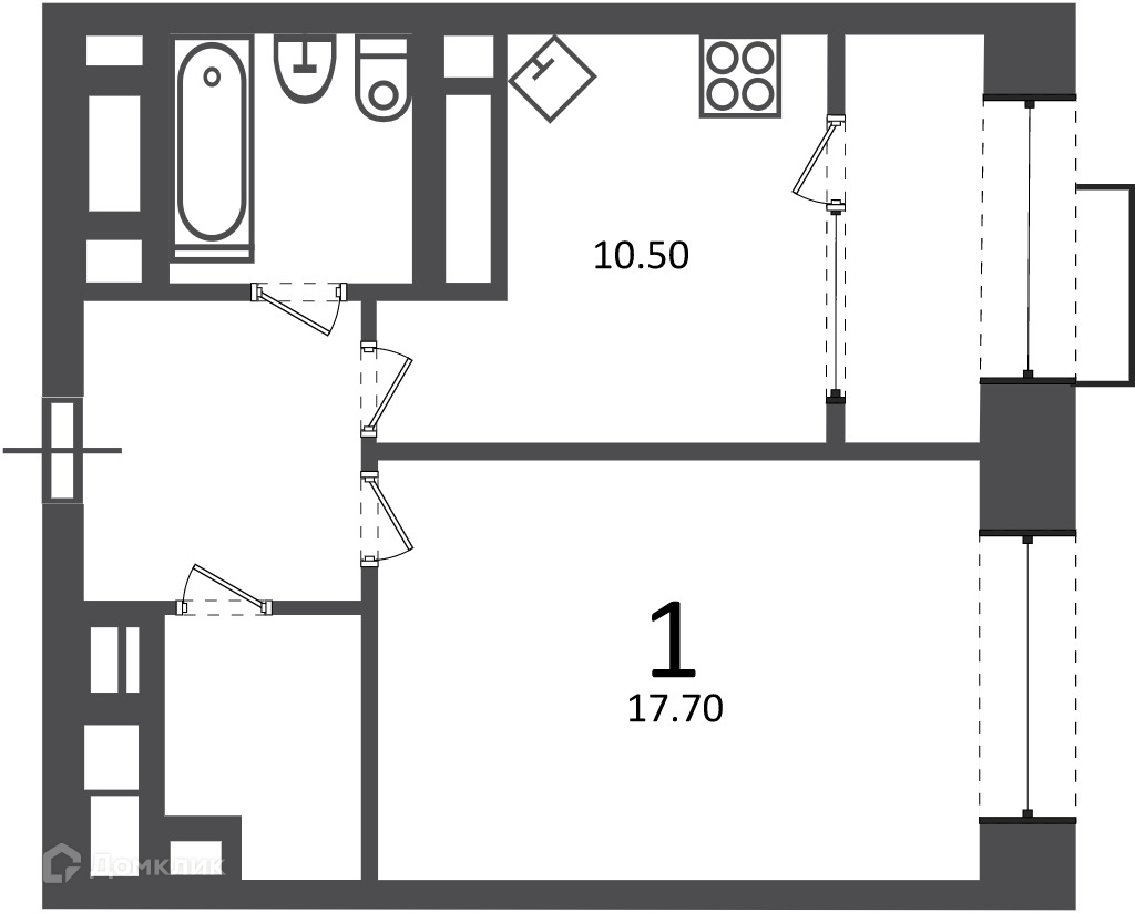 Планировка 1-комн. в ЖК «Клинская ул., д. 2А (Московские кварталы)»