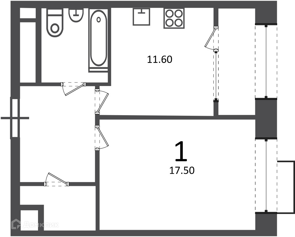 Планировка 1-комн. в ЖК «Клинская ул., д. 2А (Московские кварталы)»