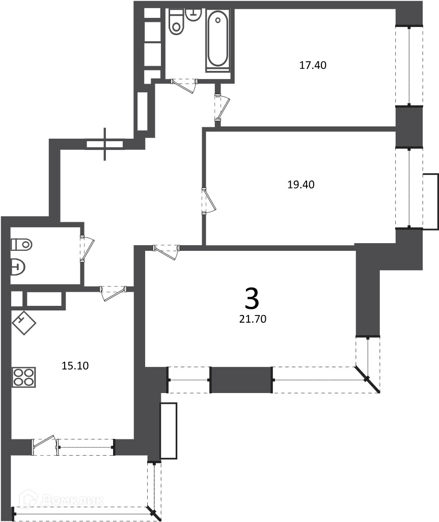 Планировка 3-комн. в ЖК «Клинская ул., д. 2А (Московские кварталы)»