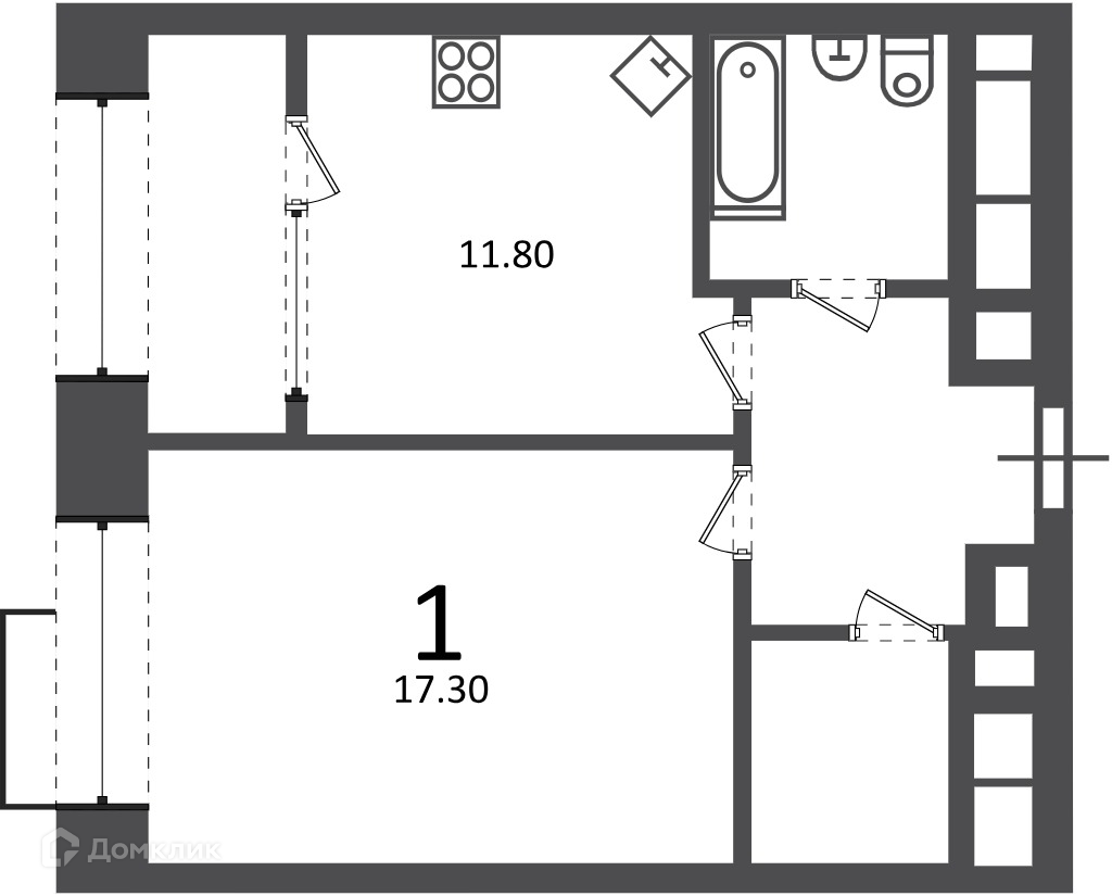Планировка 1-комн. в ЖК «Клинская ул., д. 2А (Московские кварталы)»