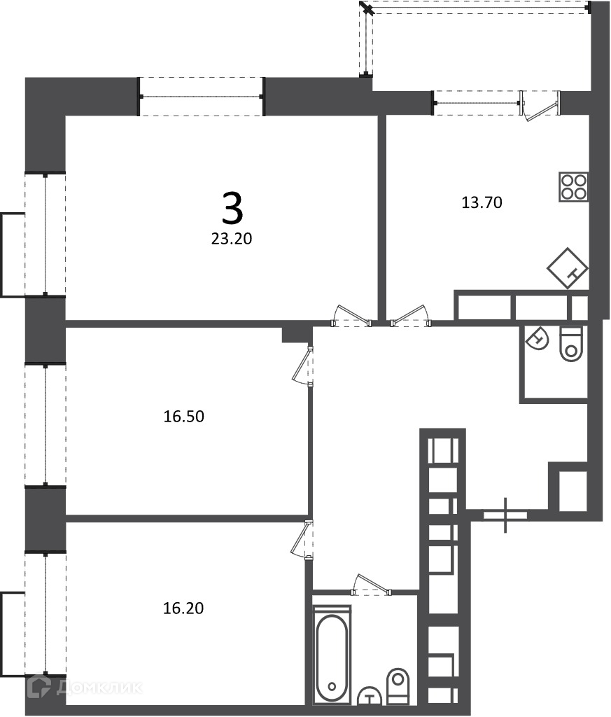 Планировка 3-комн. в ЖК «Клинская ул., д. 2А (Московские кварталы)»