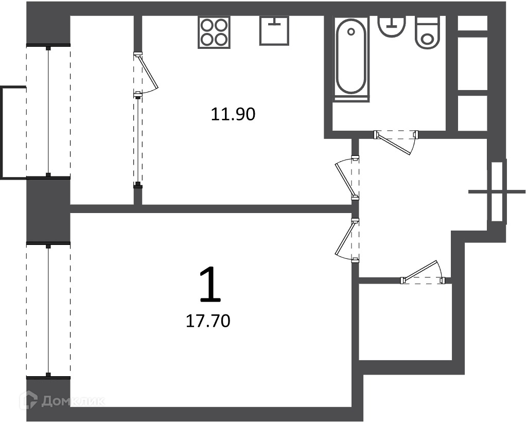 Планировка 1-комн. в ЖК «Клинская ул., д. 2А (Московские кварталы)»