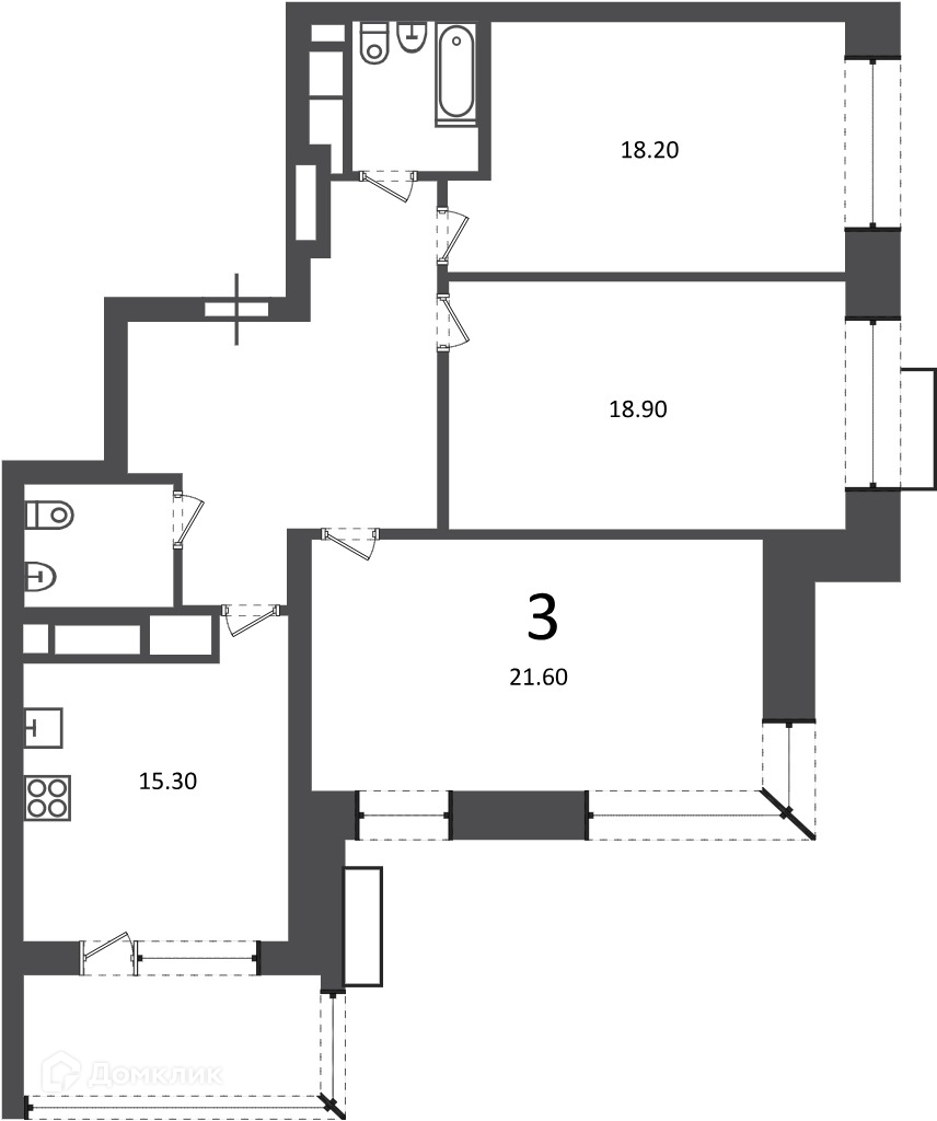 Планировка 3-комн. в ЖК «Клинская ул., д. 2А (Московские кварталы)»