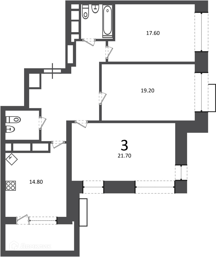 Планировка 3-комн. в ЖК «Клинская ул., д. 2А (Московские кварталы)»