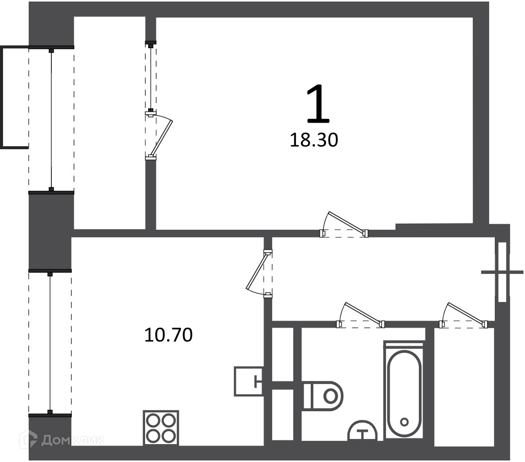 Планировка 1-комн. в ЖК «Клинская ул., д. 2А (Московские кварталы)»