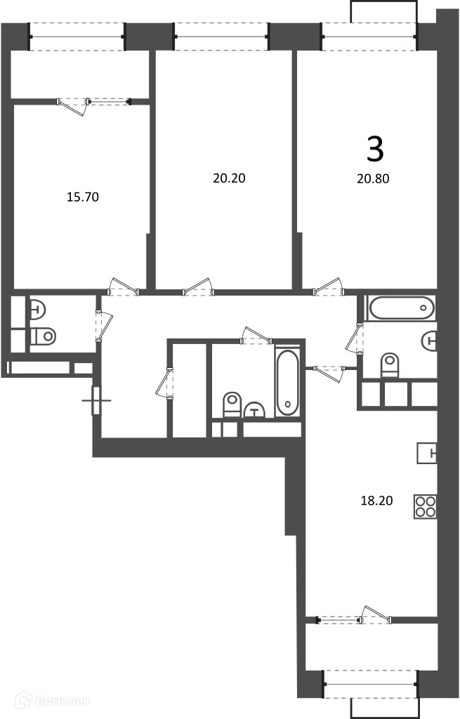 Планировка 3-комн. в ЖК «Клинская ул., д. 2А (Московские кварталы)»