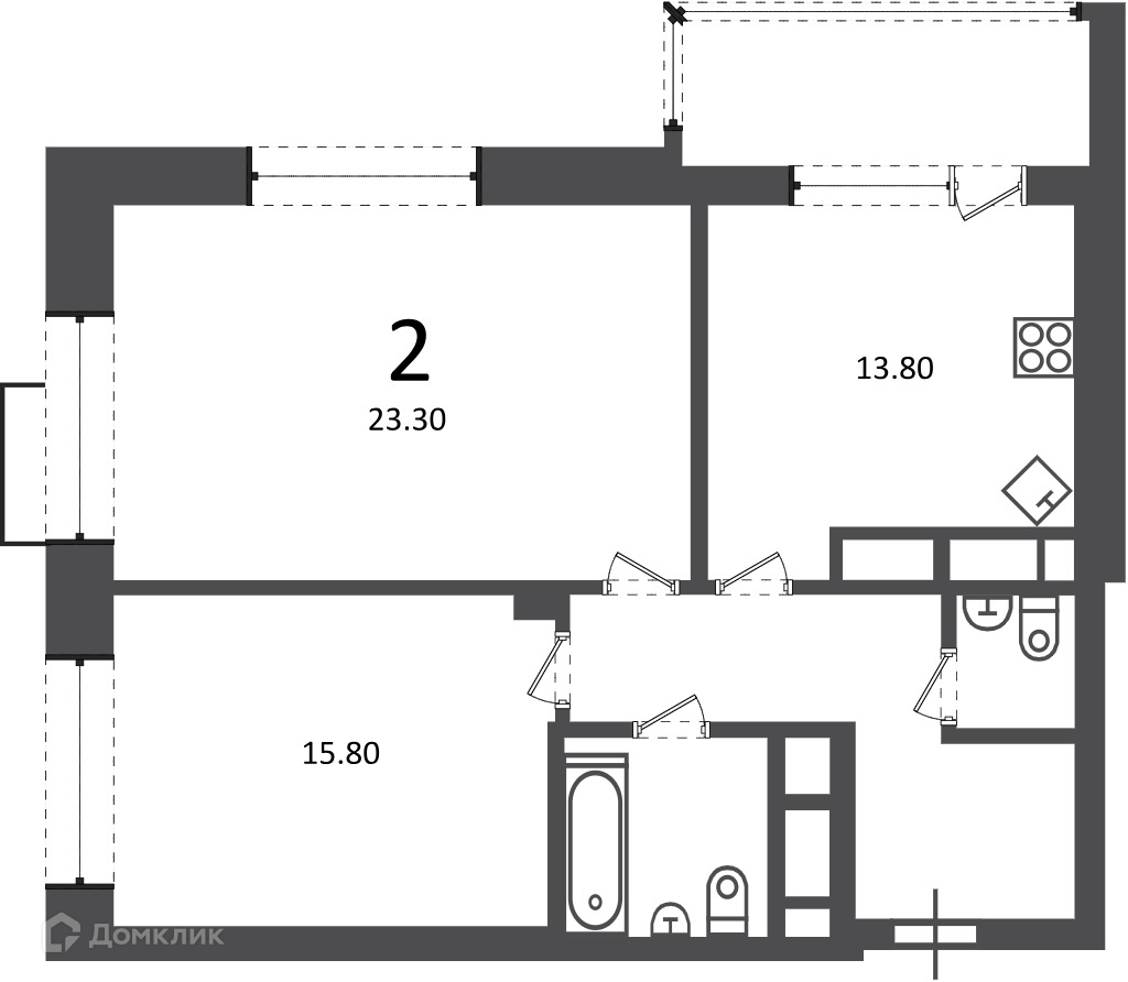 Планировка 2-комн. в ЖК «Клинская ул., д. 2А (Московские кварталы)»