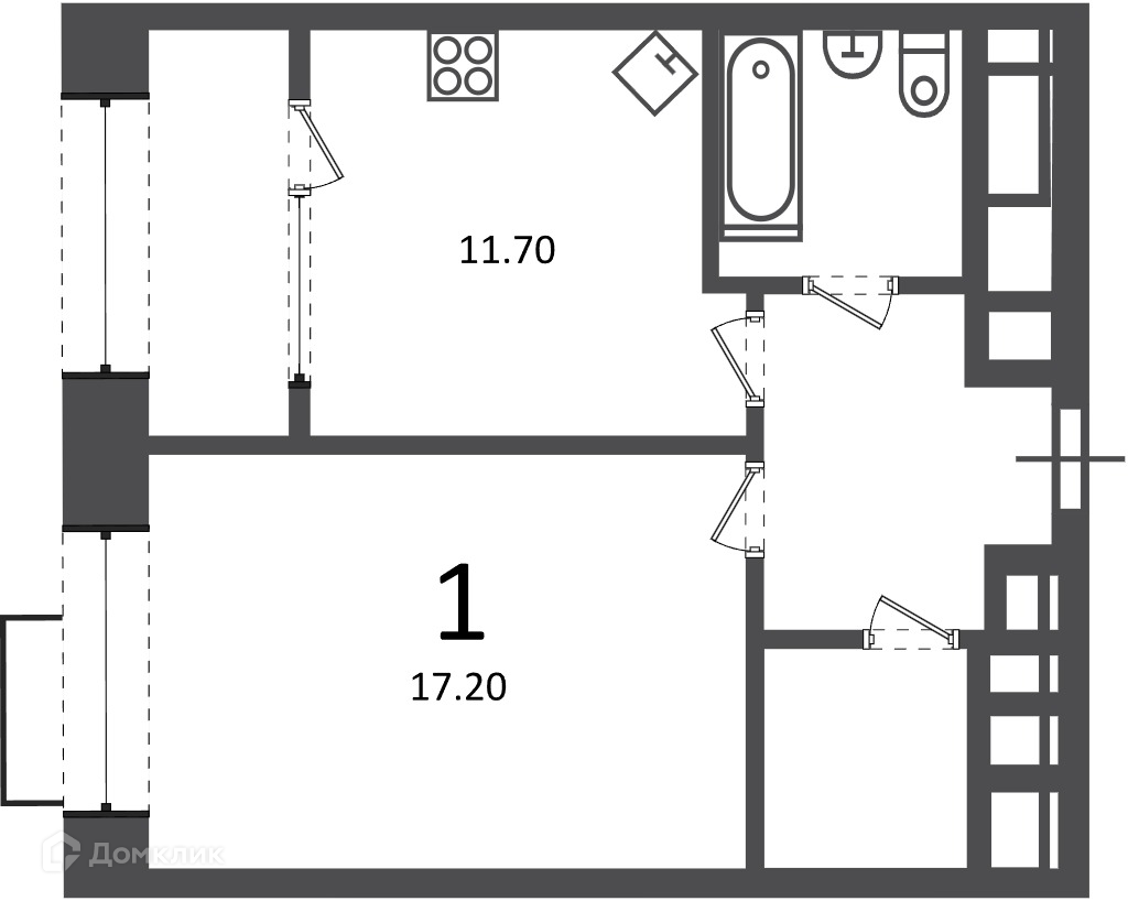 Планировка 1-комн. в ЖК «Клинская ул., д. 2А (Московские кварталы)»