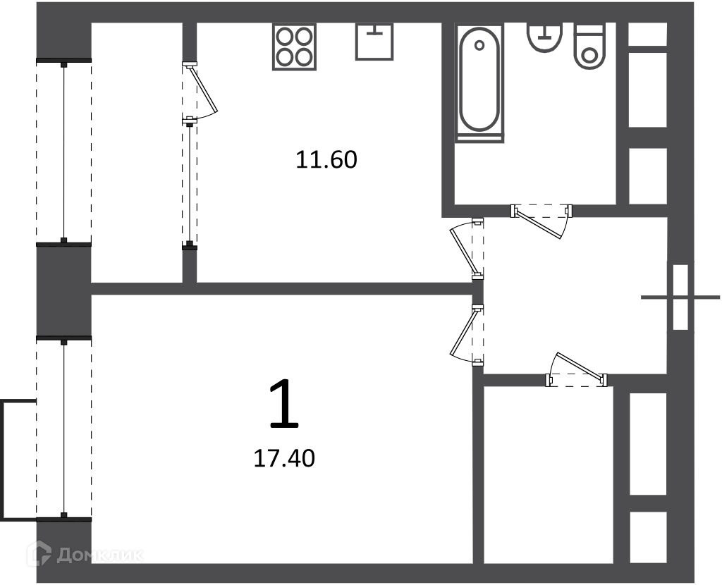 Планировка 1-комн. в ЖК «Клинская ул., д. 2А (Московские кварталы)»