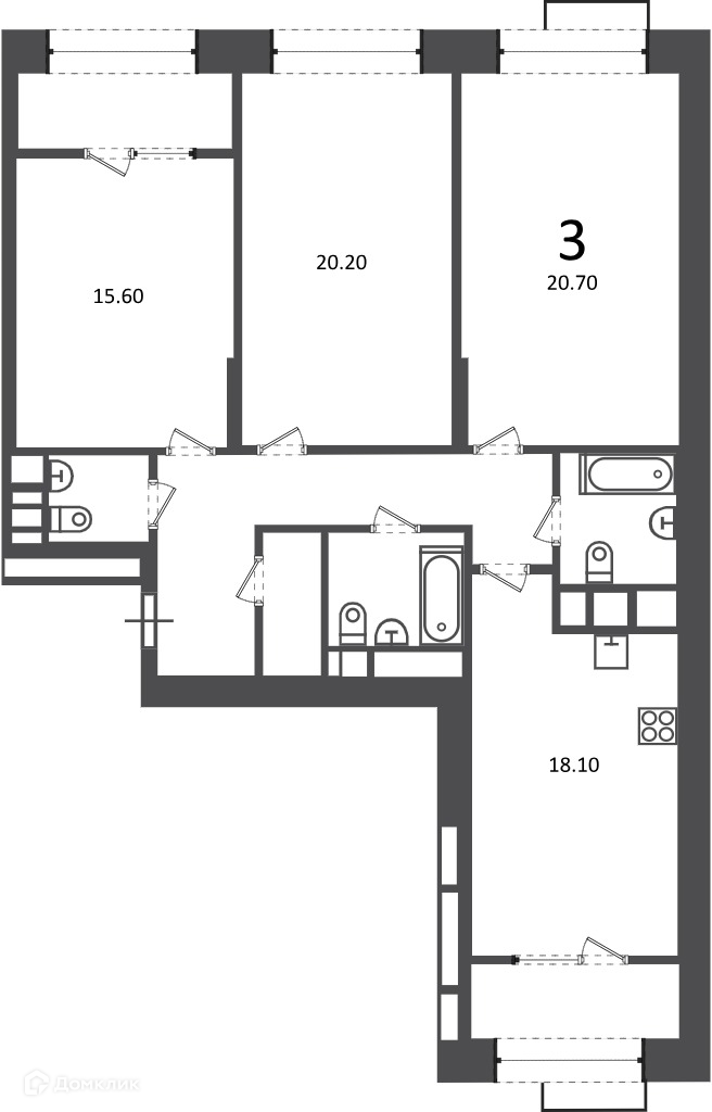 Планировка 3-комн. в ЖК «Клинская ул., д. 2А (Московские кварталы)»