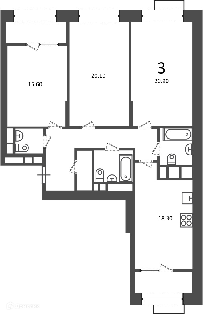 Планировка 3-комн. в ЖК «Клинская ул., д. 2А (Московские кварталы)»