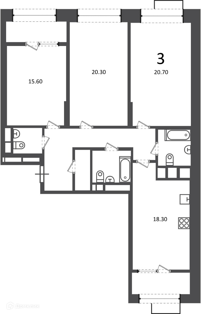 Планировка 3-комн. в ЖК «Клинская ул., д. 2А (Московские кварталы)»