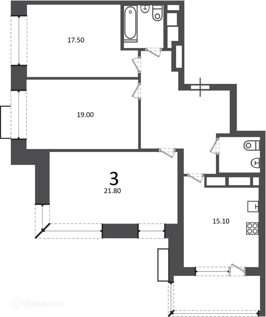 Планировка 3-комн. в ЖК «Клинская ул., д. 2А (Московские кварталы)»