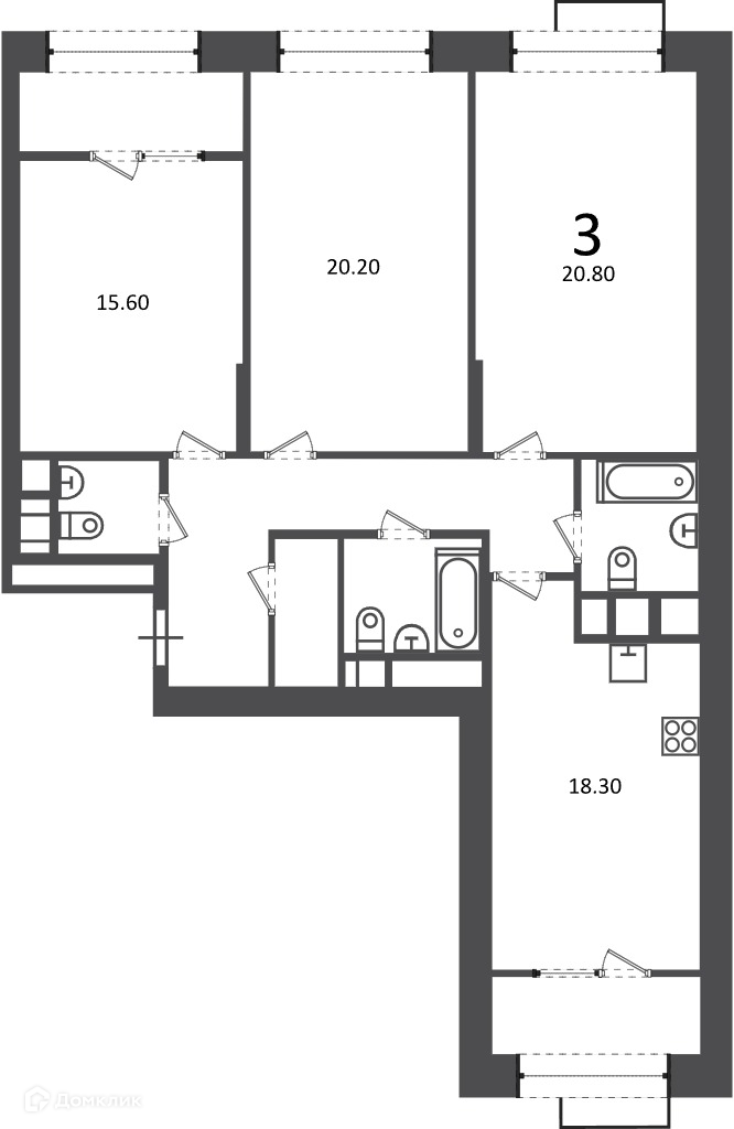 Планировка 3-комн. в ЖК «Клинская ул., д. 2А (Московские кварталы)»