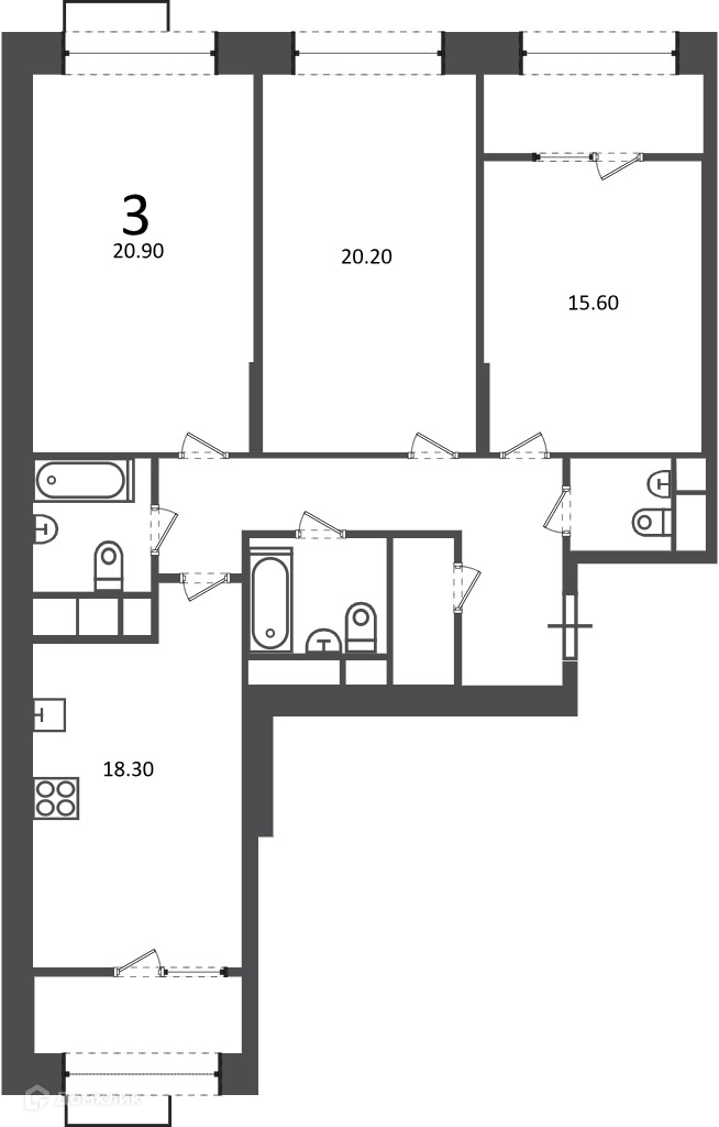 Планировка 3-комн. в ЖК «Клинская ул., д. 2А (Московские кварталы)»