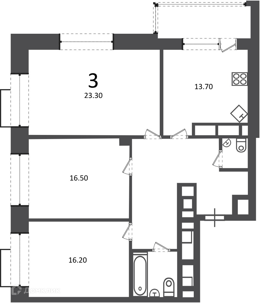 Планировка 3-комн. в ЖК «Клинская ул., д. 2А (Московские кварталы)»