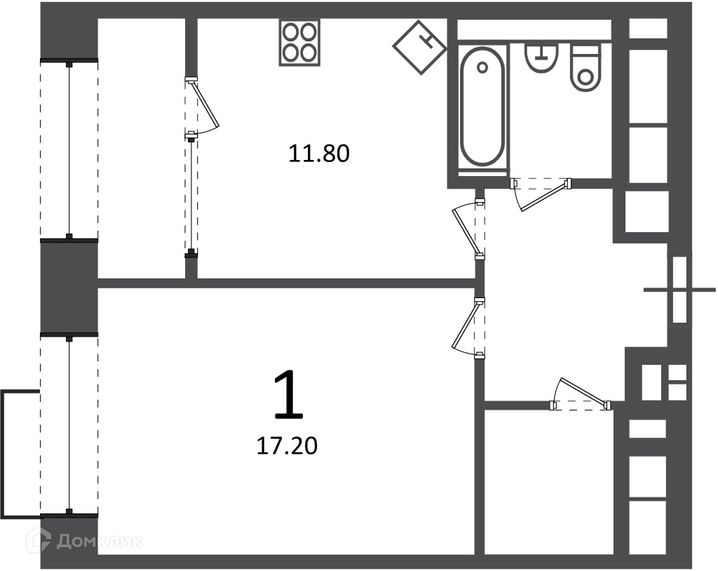 Планировка 1-комн. в ЖК «Клинская ул., д. 2А (Московские кварталы)»