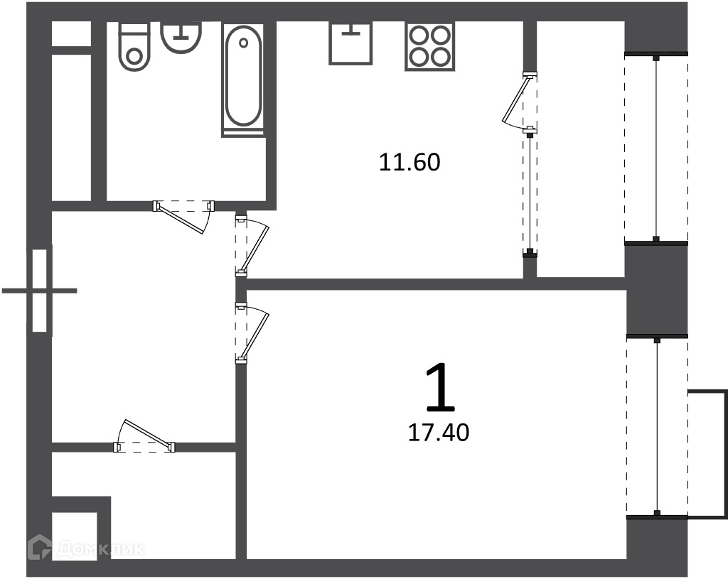 Планировка 1-комн. в ЖК «Клинская ул., д. 2А (Московские кварталы)»