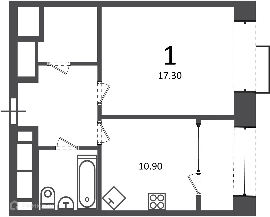Планировка 1-комн. в ЖК «Клинская ул., д. 2А (Московские кварталы)»