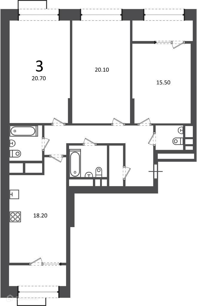 Планировка 3-комн. в ЖК «Клинская ул., д. 2А (Московские кварталы)»