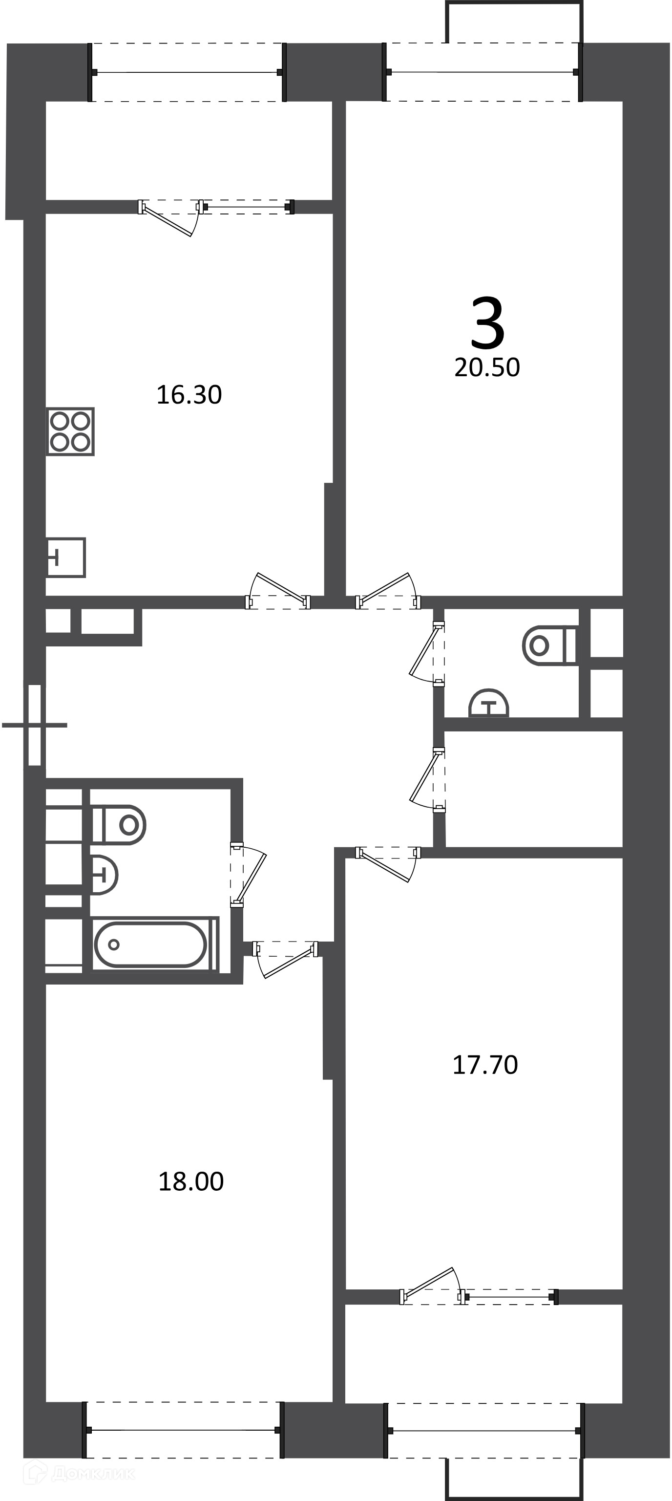 Планировка 3-комн. в ЖК «Клинская ул., д. 2А (Московские кварталы)»