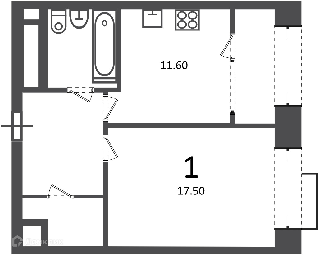 Планировка 1-комн. в ЖК «Клинская ул., д. 2А (Московские кварталы)»